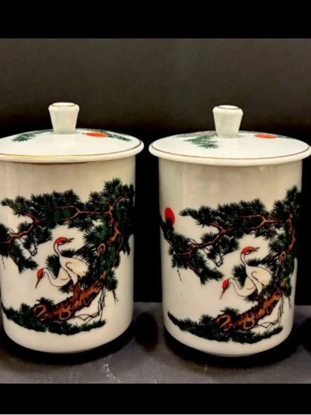 Vintage Cathay China Crane Pine Tree Tea Set Teapot 4 Lidded Cups Asian Japan